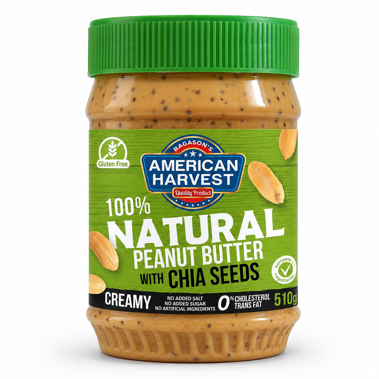 American Harvest 100% Natural Peanut Butter Creamy with Chia Seeds No Added Sugar/Sweetener No Added Salt, 510 gm