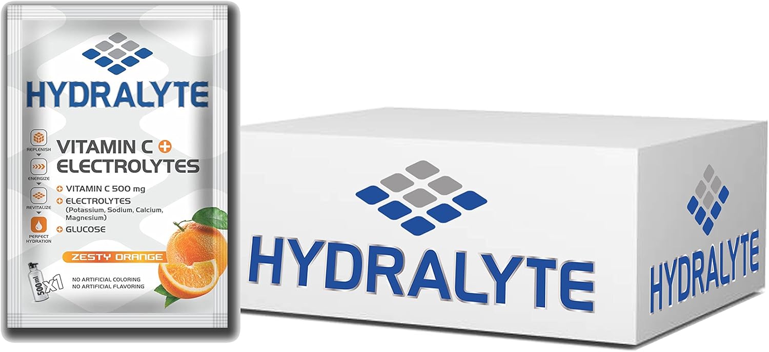 Hydralyte Vitamin C + Electrolyte Hydration Sports Drink Powder Mix | 1 Sachet make 500ml | Natural Electrolyte Replacement Supplement for Rapid Hydration | Lemon Flavor, 20 gm, Pack of 200
