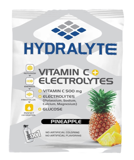 Hydralyte Vitamin C + Electrolyte Hydration Sports Drink Powder Mix | 1 Sachet make 250ml | Natural Electrolyte Replacement Supplement for Rapid Hydration | Pineapple Flavor, 10 gm
