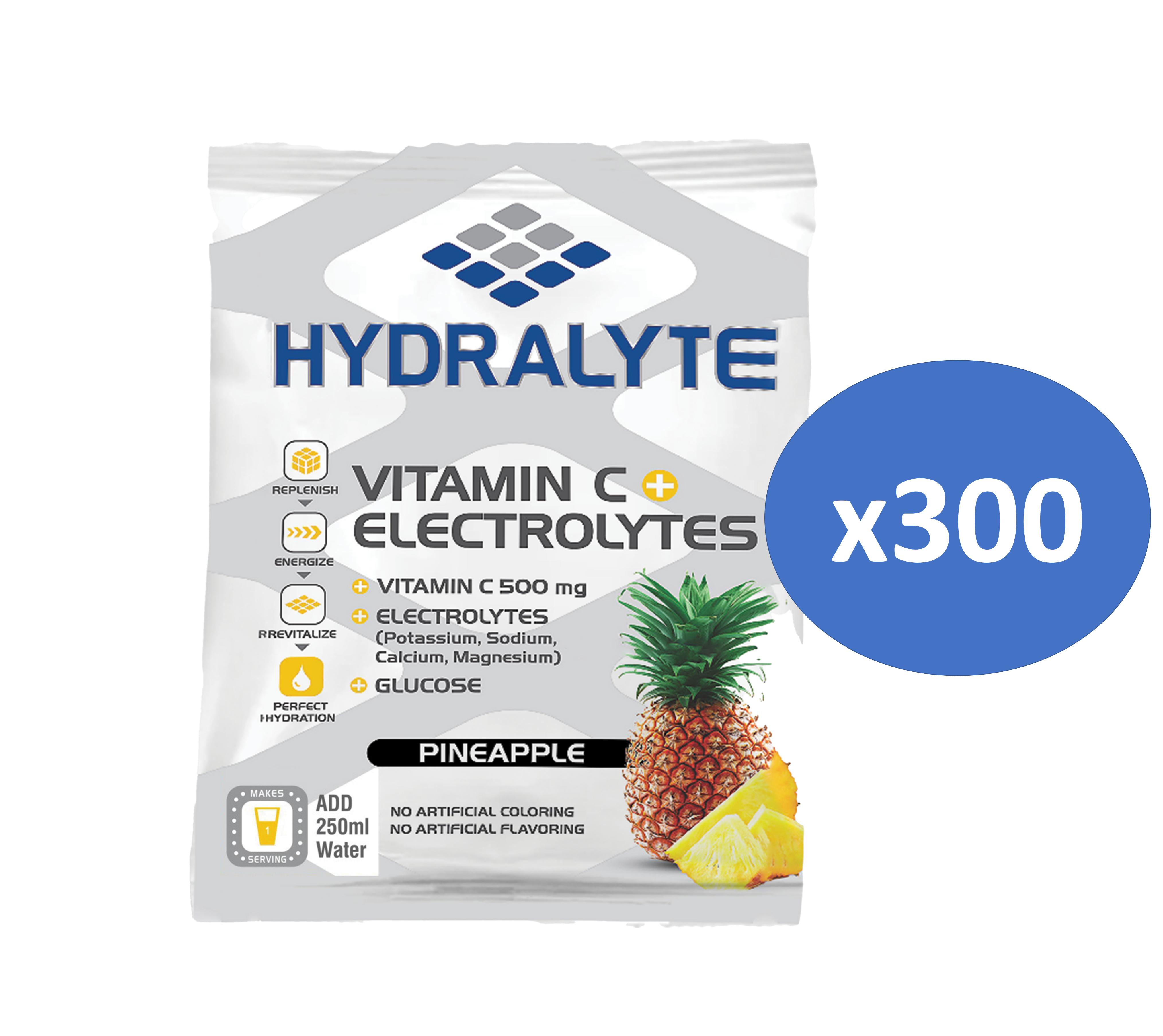 Hydralyte Vitamin C + Electrolyte Hydration Sports Drink Powder Mix | 1 Sachet make 250ml | Natural Electrolyte Replacement Supplement for Rapid Hydration | Pineapple Flavor, 10 gm Pack of 300