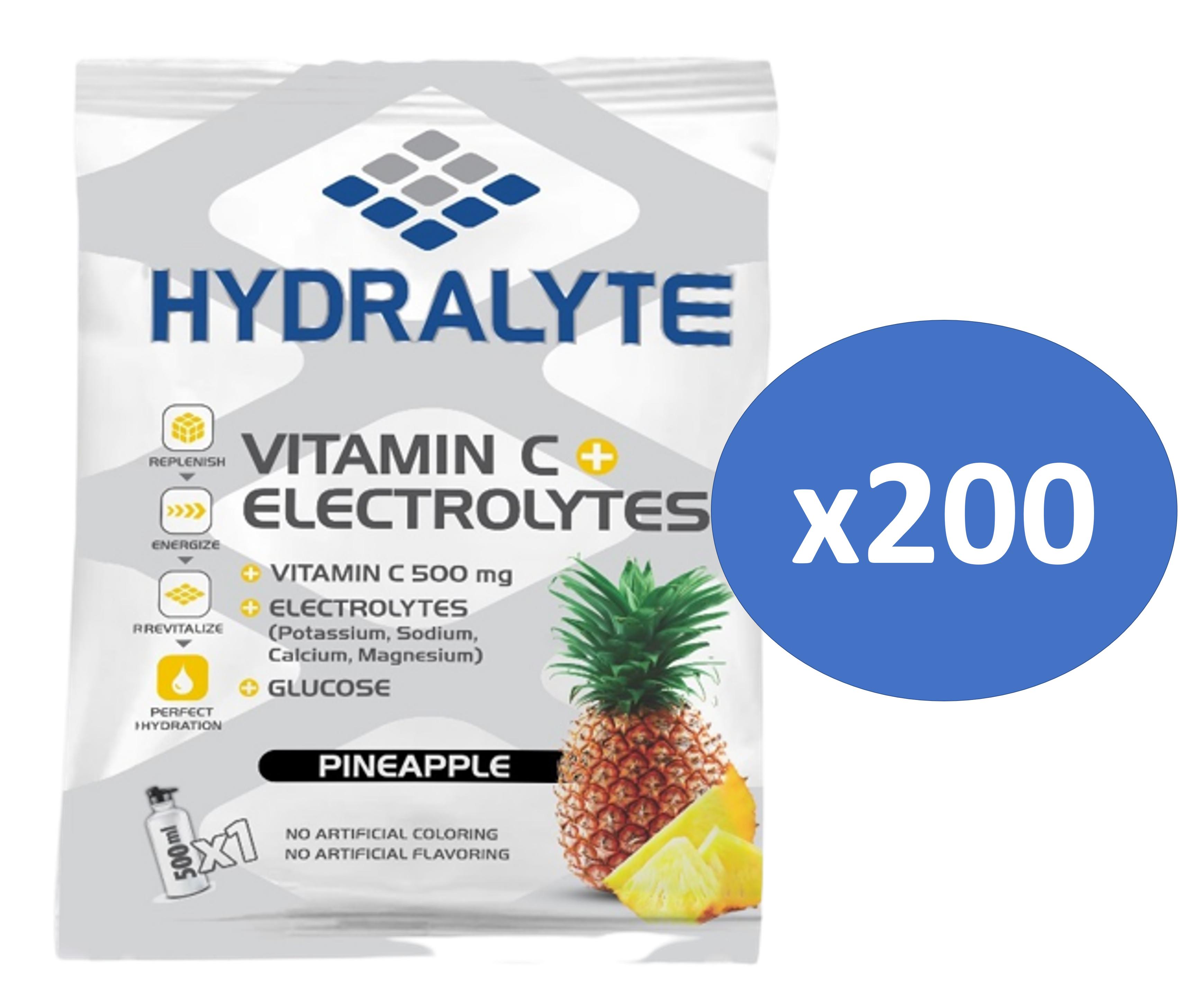 Hydralyte Vitamin C + Electrolyte Hydration Sports Drink Powder Mix | 1 Sachet make 500ml | Natural Electrolyte Replacement Supplement for Rapid Hydration | Pineapple Flavor, 20 gm Pack of 200