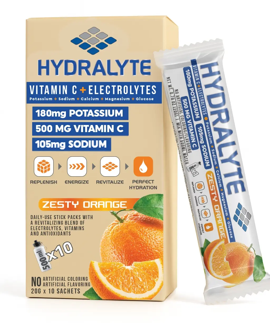 Hydralyte Vitamin C + Electrolyte Hydration Sports Drink Powder Mix Orange Flavor, 20 gm, Pack of 10 | 1 Sachet make 500ml | Natural Electrolyte Replacement Supplement for Rapid Hydration