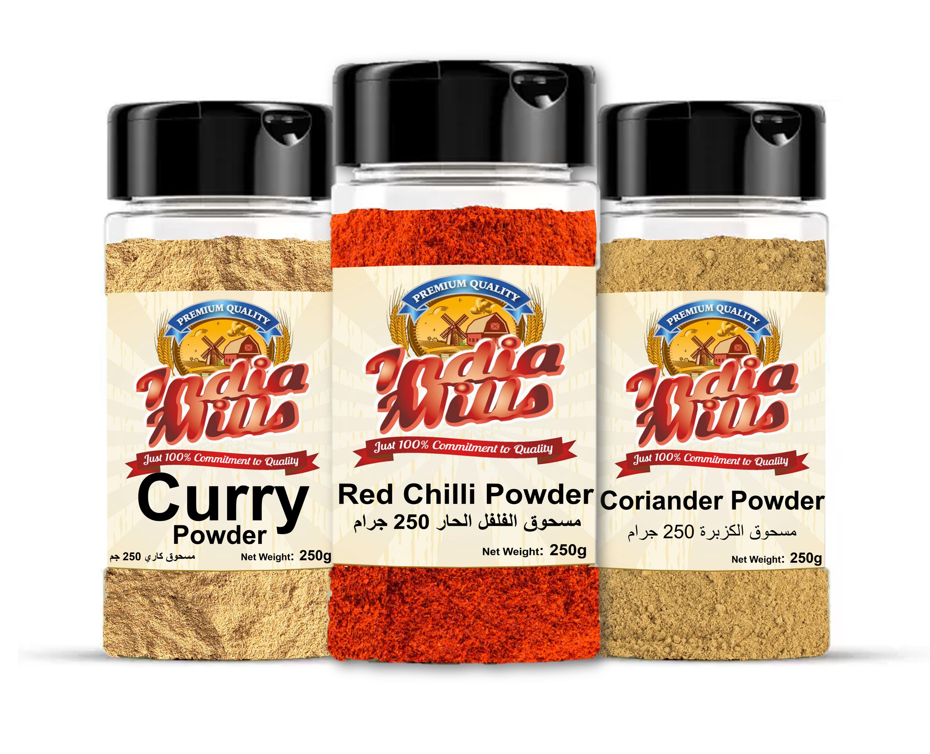 INDIA MILLS Spices Jar (Curry+Coriander+Chilli), 250 gm, Pack Of 3
