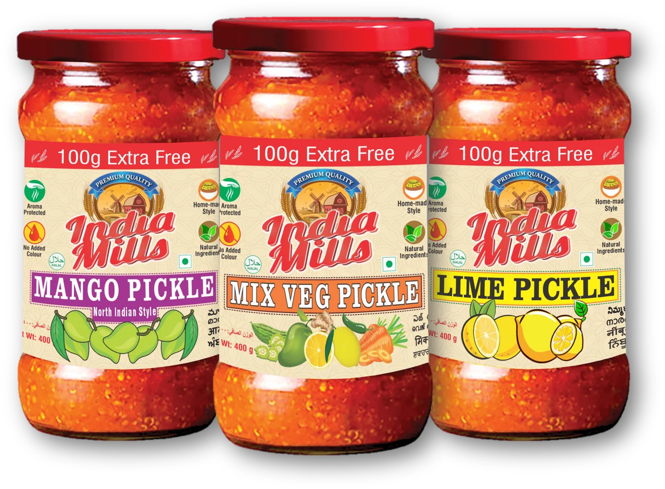 INDIA MILLS Mango North-Indan Pickle & Mix Veg Pickle & Lime Pickle 400g Pack of 3