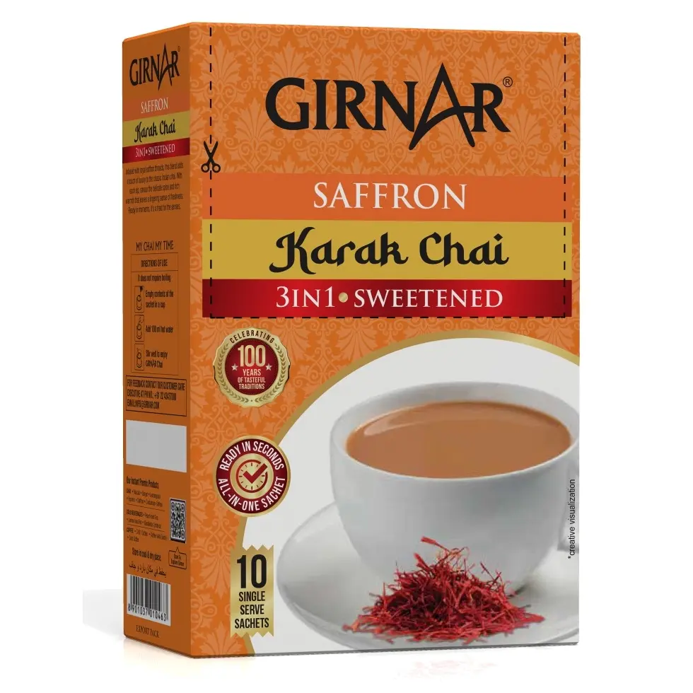 Girnar Zafran Karak Premix Chai 3in1 | Instant Tea with Saffron | (10 Sachets) 140 grams