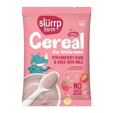 Slurrp Farm Ragi, Rice and Strawberry Cereal with Milk 50g Mildly Sweetened with Date Powder | NO Added Sugar | Instant Healthy Food