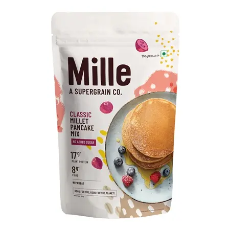Mille Classic Pancake mix | 0 Sugar | 17g Protein | 8g Fibre | No Maida, No Atta | Low Carbs | Low GI Millet Grain | From the Makers of Slurrp Farm | 250 grams
