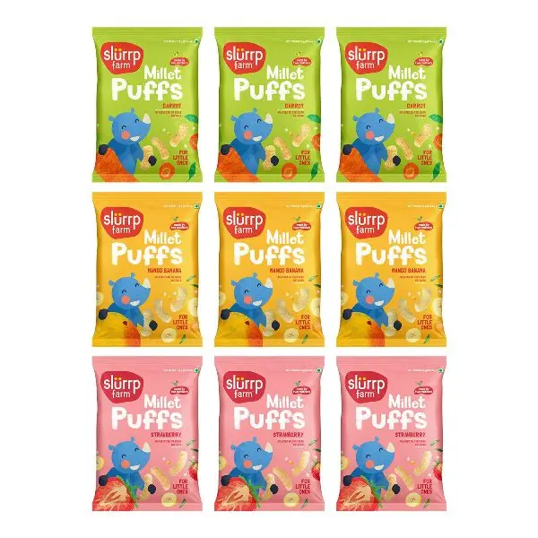 Slurrp Farm Fruit and Vegetable Teething Puffs, Baked Puff in Yummy Flavours- Carrot, Strawberry & Banana, Mango, Pack of 9