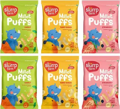 Slurrp Farm Teething Puffs | Baked Fruit and Vegetable Millet Puffs | Carrot, Strawberry & Banana, Mango | 15g, Pack of 6 | No Salt | No Sugar