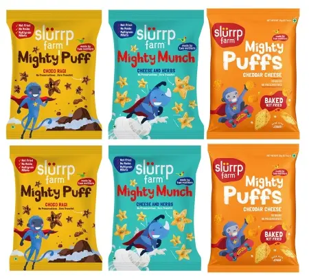 Slurrp Farm Mighty Jowar Puffs 6 x 20g | Cheddar Cheese, Choco Ragi, Cheese & Herbs | Not Fried, No Maida | Healthy Snack for Kids, School Tiffin and Travel Friendly