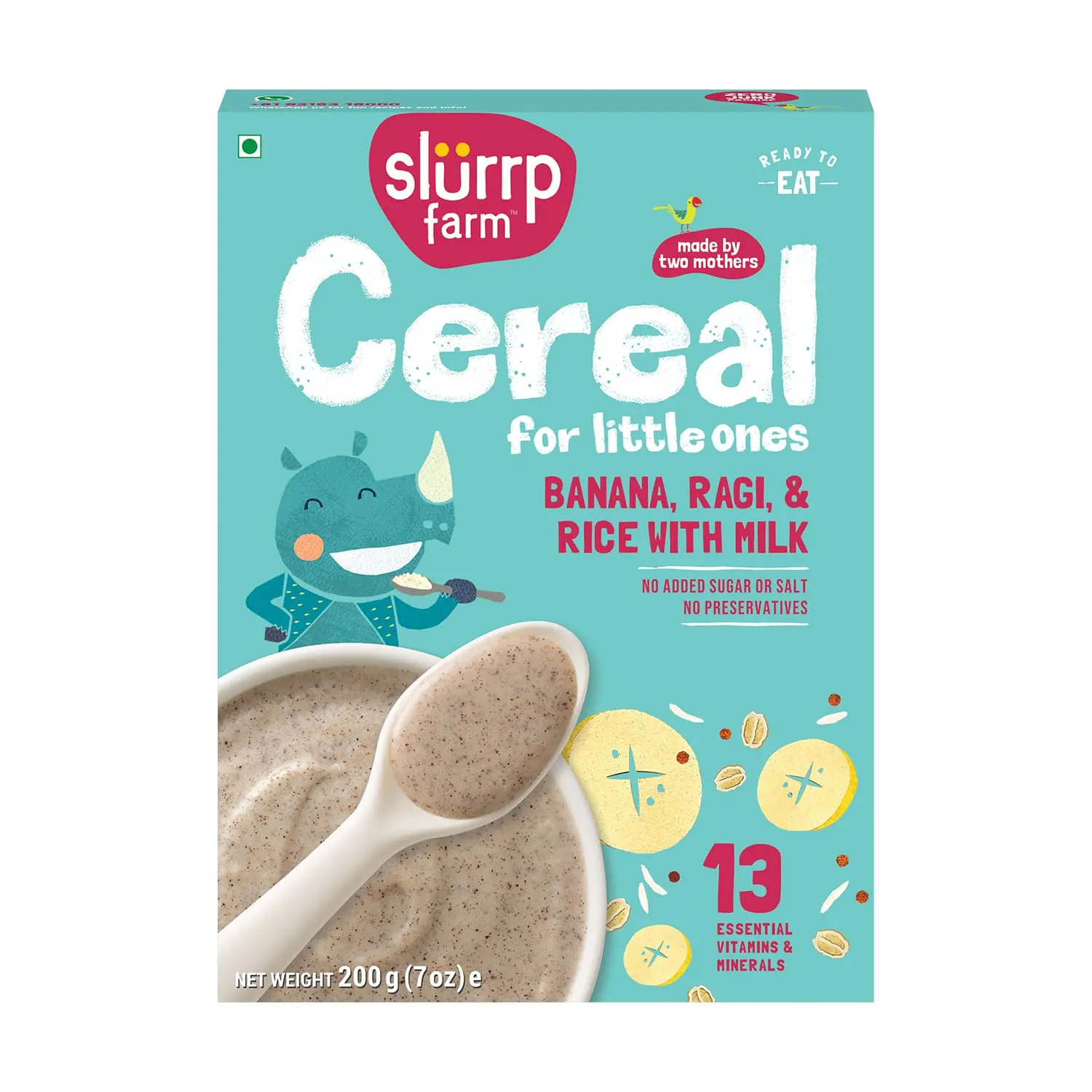 Slurrp Farm Ragi, Rice and Banana Cereal with Milk 200g, Mildly Sweetened with Date Powder | NO Added Sugar | Instant Healthy Food