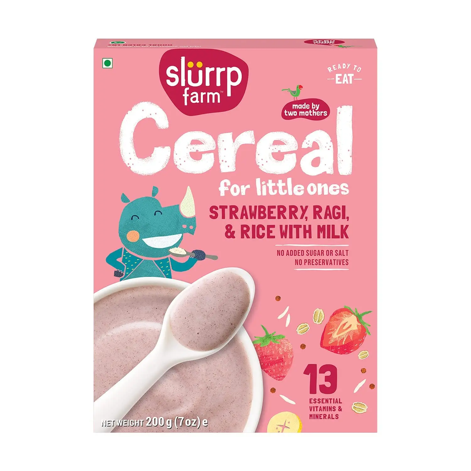 Slurrp Farm Ragi, Rice and Strawberry Cereal with Milk 200g Mildly Sweetened with Date Powder | NO Added Sugar | Instant Healthy Food