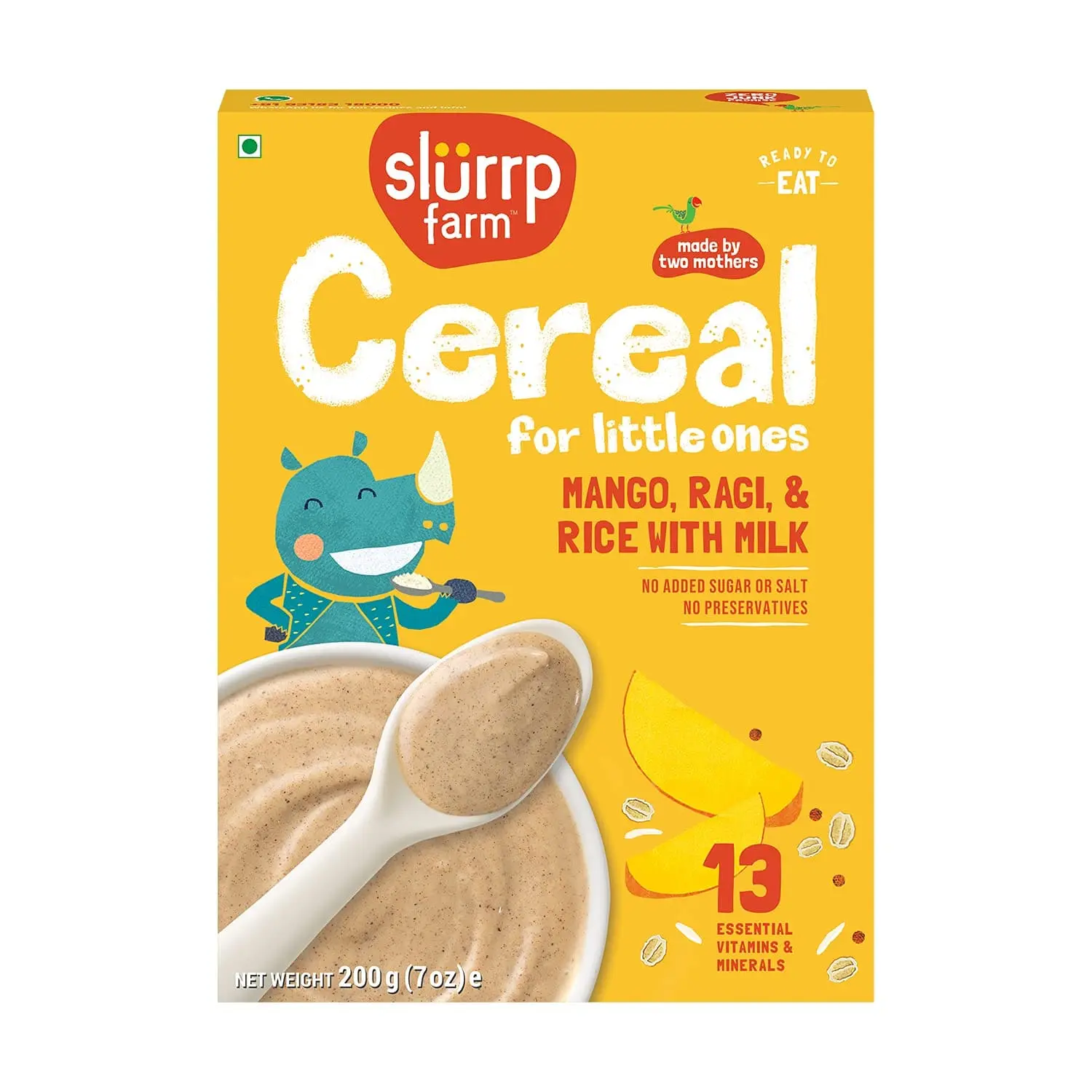 Slurrp Farm Ragi, Rice and Mango Cereal with Milk 200g, Mildly Sweetened with Date Powder | NO Added Sugar | Instant Healthy Food