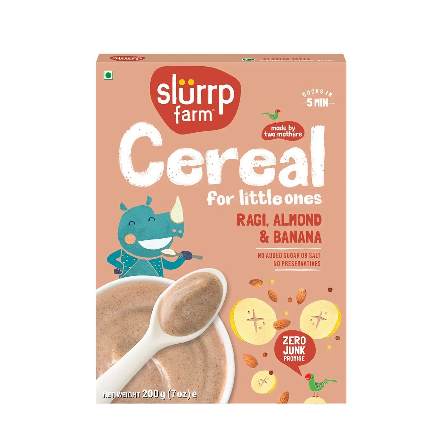 Slurrp Farm Instant Ragi Almond & Banana Cereal, Real Almond & Banana, Cereal with No Milk, No Preservatives, 200g | NO Added Sugar