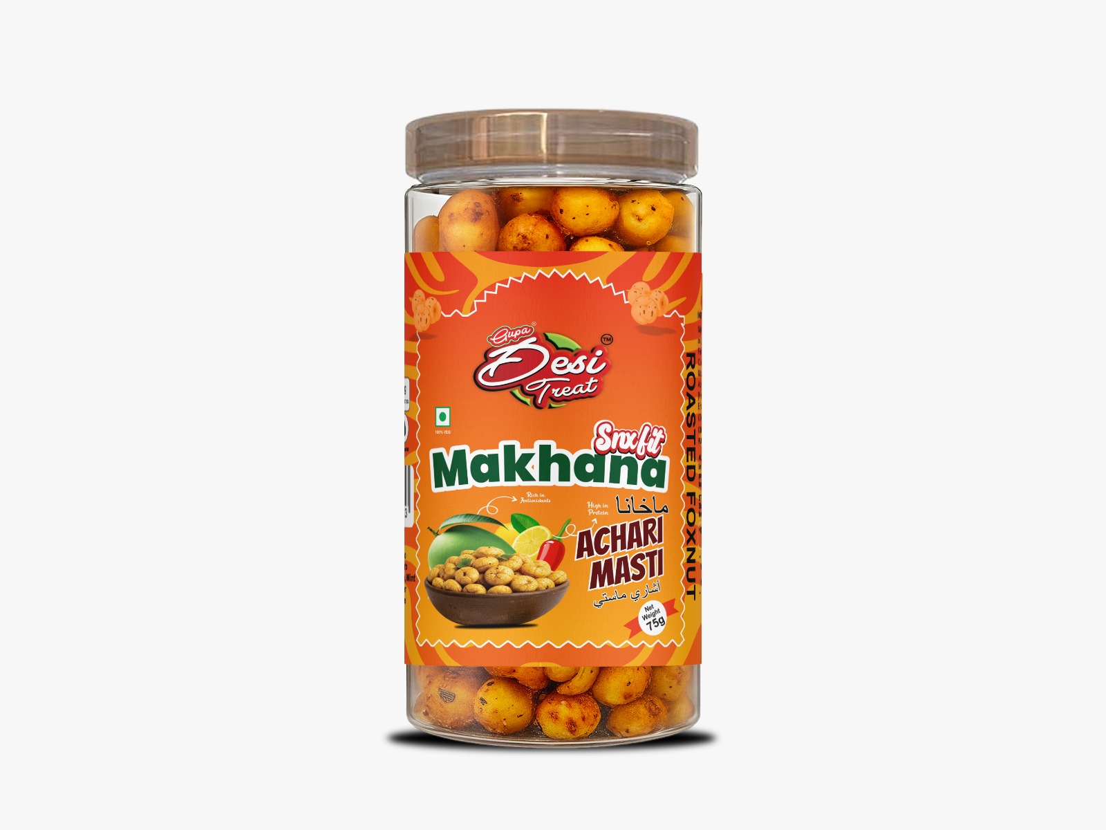 Desi Treat Achari Masti Roasted Makhana - Tangy Pickle Flavored Foxnuts Snack, 75g